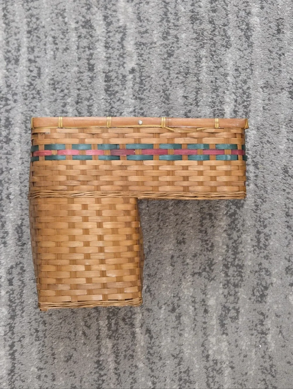 Vintage Rustic Woven Stair Step Wicker Basket Organizer Green Red Stripe Cottage